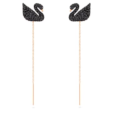 Swarovski Iconic Swan 드롭 이어링, 스완, 블랙, 로즈골드 톤 플래팅 - Swarovski, 5351805