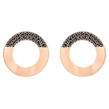 Hoop Fever Round Pierced Earrings, Black, Rose gold plating - Swarovski, 5352005