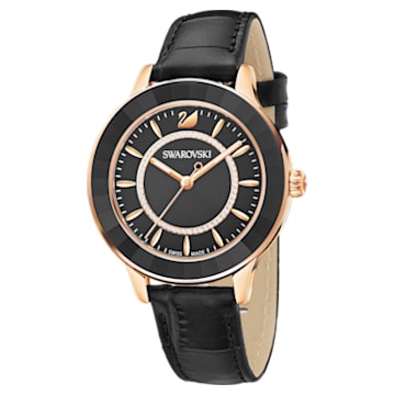 Zegarek Octea Lux, Swiss Made, Skórzany pasek, Czarny, Powłoka w odcieniu różowego złota - Swarovski, 5414410
