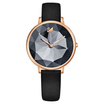 Crystal Lake watch, Leather strap, Black, Rose gold-tone finish - Swarovski, 5416009