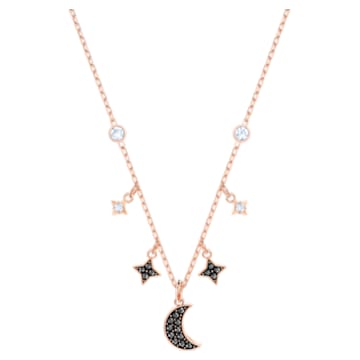 Swarovski Symbolic necklace, Moon and star, Black, Rose-gold tone plated - Swarovski, 5429737