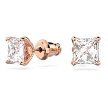 Attract stud earrings, Square cut crystal, White, Rose-gold tone plated - Swarovski, 5431895