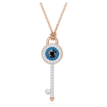 Swarovski Symbolic necklace, Evil eye and key, Blue, Rose gold-tone plated - Swarovski, 5437517