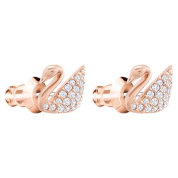 Swan stud earrings, White, Rose gold-tone plated - Swarovski, 5450929