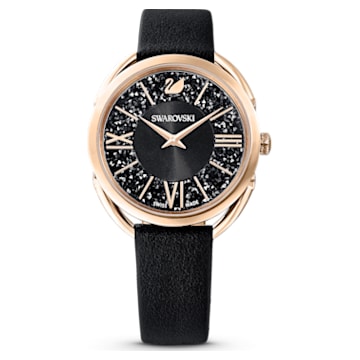 Crystalline Glam horloge, Swiss Made, Lederen band, Zwart, Roségoudkleurige afwerking - Swarovski, 5452452