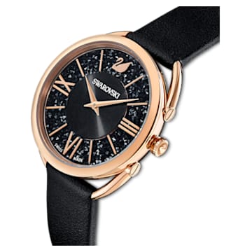 Crystalline Glam watch, Leather strap, Black, Rose gold-tone finish - Swarovski, 5452452