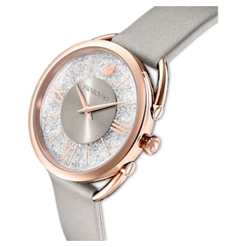 Crystalline Glam watch, Swiss Made, Leather strap, Grey, Rose gold-tone finish - Swarovski, 5452455