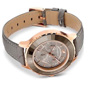 Octea Lux Chrono watch, Swiss Made, Leather strap, Grey, Rose gold-tone finish - Swarovski, 5452495