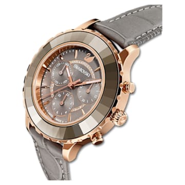 Octea Lux Chrono watch, Swiss Made, Leather strap, Grey, Rose gold-tone finish - Swarovski, 5452495