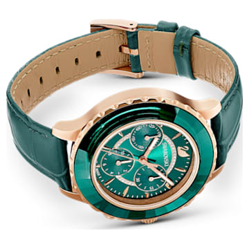 Octea Lux Chrono watch, Swiss Made, Leather strap, Green, Rose gold-tone finish - Swarovski, 5452498