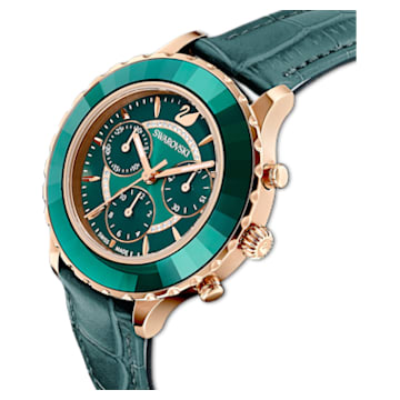 Ceas Octea Lux Chrono, Fabricat în Elveția, Curea din piele, Albastru, Verde, Finisaj în nuanță roz-aurie - Swarovski, 5452498