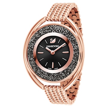 Crystalline Oval horloge, Metalen armband, Zwart, Roségoudkleurige afwerking - Swarovski, 5480507