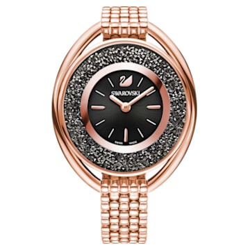 Crystalline Oval 腕表, 金属手链, 黑色, 玫瑰金色调润饰 - Swarovski, 5480507
