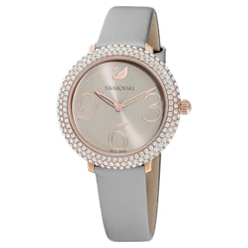 Crystal Frost watch, Leather strap, Gray, Rose-gold tone PVD - Swarovski, 5484067