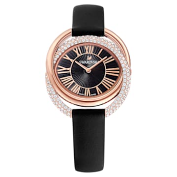 Duo watch, Leather strap, Black, Rose gold-tone finish - Swarovski, 5484373