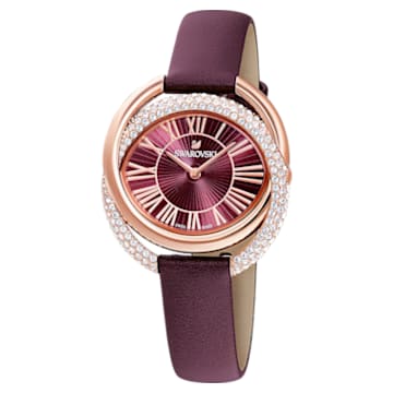 Duo 腕表, 真皮錶帶, 红色, 玫瑰金色潤飾 - Swarovski, 5484379
