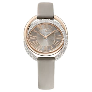 Duo 腕表, 真皮錶帶, 灰色, 香檳金色潤飾 - Swarovski, 5484382