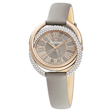 Duo watch, Leather strap, Gray, Champagne gold-tone finish - Swarovski, 5484382