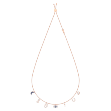Swarovski Symbolic necklace, Moon, infinity, hand, evil eye and horseshoe, Blue, Rose-gold tone plated - Swarovski, 5497664