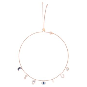 Swarovski Symbolic necklace, Moon, infinity, hand, evil eye and horseshoe, Blue, Rose-gold tone plated - Swarovski, 5497664