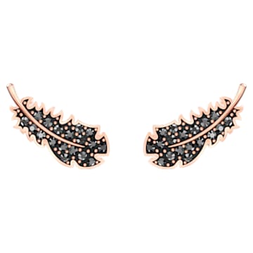 Naughty stud earrings, Feather, Black, Rose gold-tone plated - Swarovski, 5509722