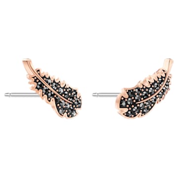 Naughty stud earrings, Feather, Black, Rose gold-tone plated - Swarovski, 5509722