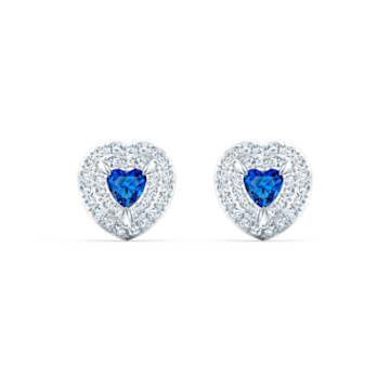 One stud earrings, Heart, Blue, Rhodium plated