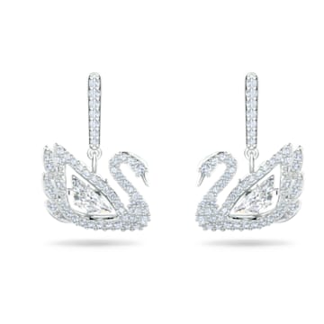 Dancing Swan drop earrings, Swan, White, Rhodium plated - Swarovski, 5514420
