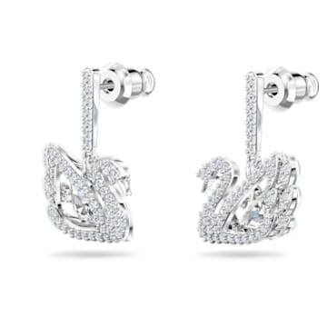Dancing Swan drop earrings, Swan, White, Rhodium plated - Swarovski, 5514420