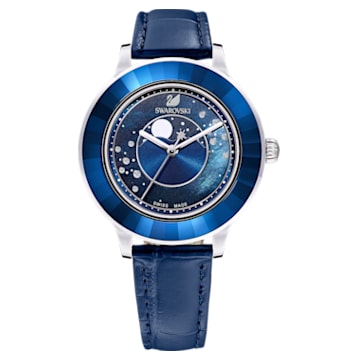 Montre Octea Lux, Lune, bracelet en cuir, Bleu, Acier inoxydable - Swarovski, 5516305