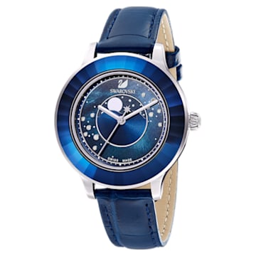 Montre Octea Lux, Lune, Bracelet en cuir, Bleues, Acier inoxydable - Swarovski, 5516305