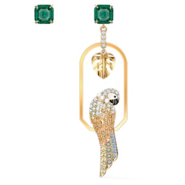 Tropical earrings, Asymmetrical, Parrot, Multicolored, Gold-tone plated - Swarovski, 5519255