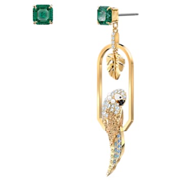 Tropical earrings, Asymmetrical, Parrot, Multicolored, Gold-tone plated - Swarovski, 5519255