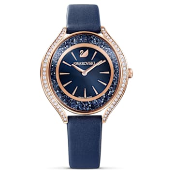 Crystalline Aura horloge, Swiss Made, Lederen band, Blauw, Roségoudkleurige afwerking - Swarovski, 5519447