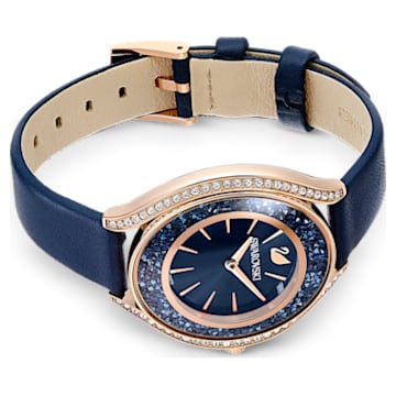 Crystalline Aura horloge, Swiss Made, Lederen band, Blauw, Roségoudkleurige afwerking - Swarovski, 5519447