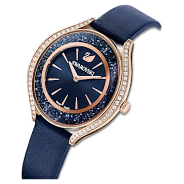 Crystalline Aura watch, Leather strap, Blue, Rose gold-tone finish - Swarovski, 5519447