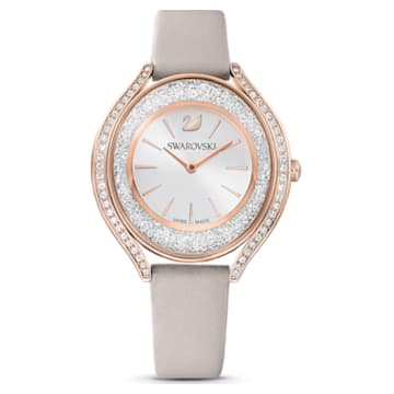 Crystalline Aura 腕表, 瑞士制造, 真皮表带, 灰色, 玫瑰金色调润饰 - Swarovski, 5519450