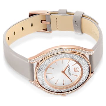 Crystalline Aura watch, Leather strap, Gray, Rose-gold tone PVD - Swarovski, 5519450