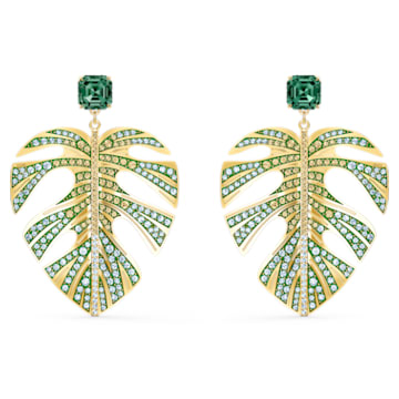 Tropical Leaf Pierced Earrings, Green, Gold-tone plated - Swarovski, 5525242