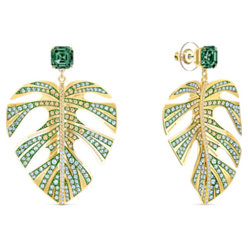 Tropical Leaf Pierced Earrings, Green, Gold-tone plated - Swarovski, 5525242