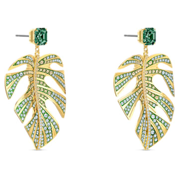 Tropical Leaf 水滴形耳環, 绿色, 镀金色调 - Swarovski, 5525242