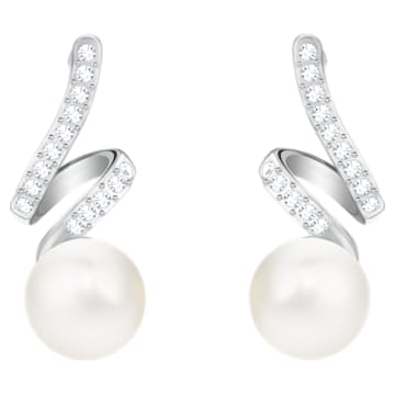 Gabriella Pearl drop earrings, White, Rhodium plated - Swarovski, 5528447