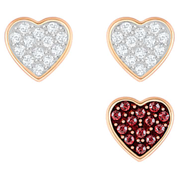 Pendientes de botón Crystal Wishes, Conjunto (3), Corazón, Rojos, Baño tono oro rosa - Swarovski, 5529347