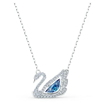 Swan necklace, Blue, Rhodium plated