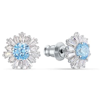 Sunshine stud earrings, Sun, Blue, Rhodium plated - Swarovski, 5536741
