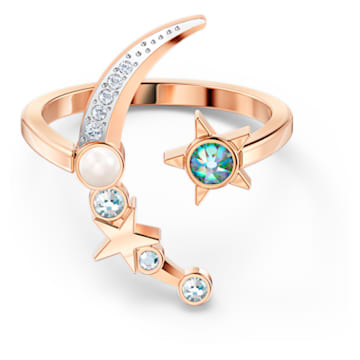 Starry Night open ring, Moon and star, Blue, Rose gold-tone plated - Swarovski, 5537127