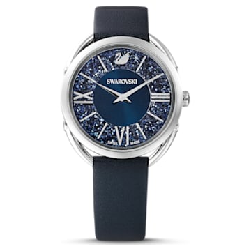 Crystalline Glam watch, Swiss Made, Leather strap, Blue, Stainless steel