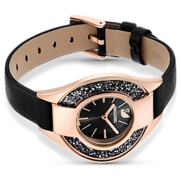 Montre Crystalline Sporty, bracelet en cuir, Noir, PVD doré rose - Swarovski, 5547632