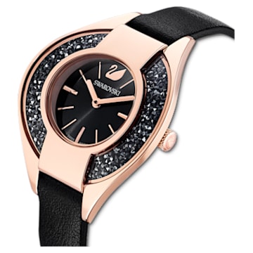 Reloj Crystalline Sporty, Correa de piel, Negro, Acabado tono oro rosa - Swarovski, 5547632