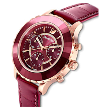 Octea Lux Chrono watch, Leather Strap, Red, Rose gold-tone finish - Swarovski, 5547642